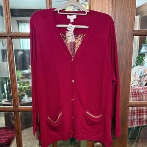 Susan Graver Burgundy Cardigan with Gold Accents Mixed Material